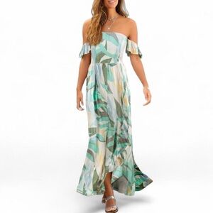Lascana Ruffled Maxi Dress Sz 14 Off-Shoulder Leaf Print Vacation/Cruise Wear